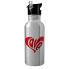 Water bottle Silver with straw, stainless steel 600ml