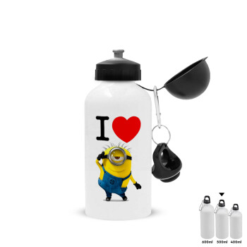 I love by minion, Metal water bottle, White, aluminum 500ml