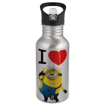 I love by minion, Παγούρι νερού Ασημένιο με καλαμάκι, ανοξείδωτο ατσάλι 500ml