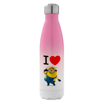 I love by minion, Metal mug thermos Pink/White (Stainless steel), double wall, 500ml