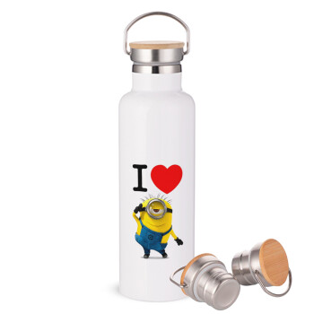 I love by minion, Stainless steel White with wooden lid (bamboo), double wall, 750ml