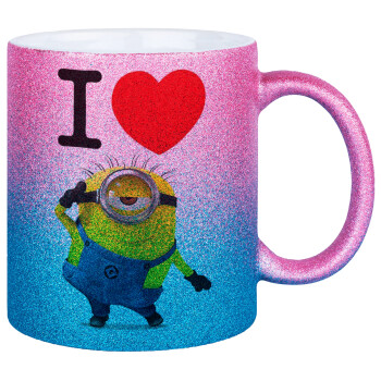 I love by minion, Κούπα Χρυσή/Μπλε Glitter, κεραμική, 330ml