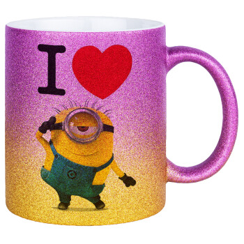 I love by minion, Κούπα Χρυσή/Ροζ Glitter, κεραμική, 330ml