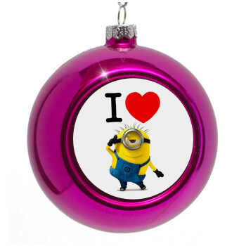 I love by minion, Στολίδι Χριστουγεννιάτικη μπάλα δένδρου Μωβ 8cm