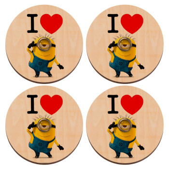 I love by minion, ΣΕΤ x4 Σουβέρ ξύλινα στρογγυλά plywood (9cm)