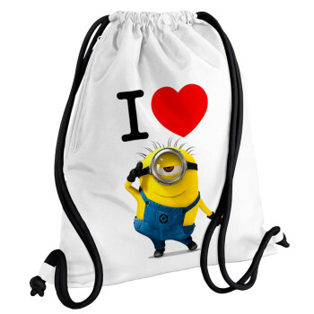 I love by minion, Τσάντα πλάτης πουγκί GYMBAG λευκή, με τσέπη (40x48cm) & χονδρά κορδόνια