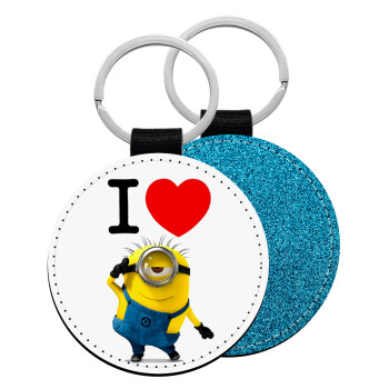 I love by minion, Μπρελόκ Δερματίνη, στρογγυλό ΜΠΛΕ (5cm)