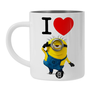 I love by minion, Λευκή Ανοξείδωτη Μεταλλική Κούπα 450ml - Διπλού Τοιχώματος 