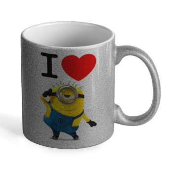 I love by minion, Κούπα Ασημένια Glitter που γυαλίζει, κεραμική, 330ml