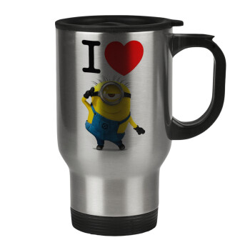 I love by minion, Κούπα ταξιδιού ανοξείδωτη με καπάκι, διπλού τοιχώματος (θερμό) 450ml