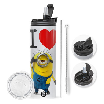 I love by minion, Travel Tumbler θερμό με διπλό καπάκι, μεταλλικό καλαμάκι και βούρτσα καθαρισμού (Ανωξείδωτο 304 Food grade, BPA free, 600ml)