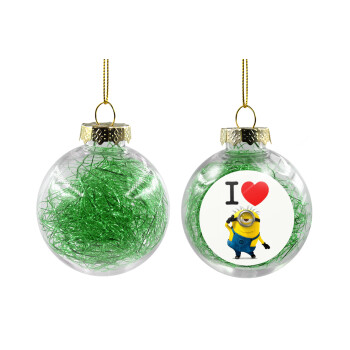 I love by minion, Χριστουγεννιάτικη μπάλα δένδρου διάφανη με πράσινο γέμισμα 8cm