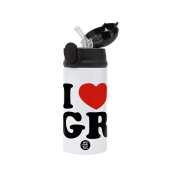 I Love GR, Children's hot water bottle, stainless steel, with safety straw, Black (360ml) BPA-FREE