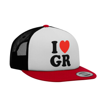 I Love GR, Καπέλο Ενηλίκων Foam Flat Snapback με Δίχτυ Κόκκινο-Λευκό-Μαύρο (POLYESTER, ΕΝΗΛΙΚΩΝ, UNISEX, ONE SIZE)