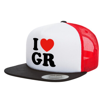 I Love GR, Adult Foam Flat Snapback with Mesh Black-White-Red (POLYESTER, ADULT, UNISEX, ONE SIZE)