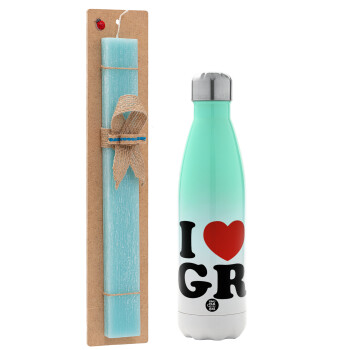 I Love GR, Easter Set, Metallic green/white thermos (Stainless steel), double-walled, 500ml & scented flat Easter candle (30cm) (TURQUOISE)