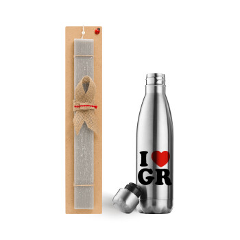 I Love GR, Easter Set, metallic stainless thermos flask (500ml) & scented flat Easter candle (30cm) (GRAY)