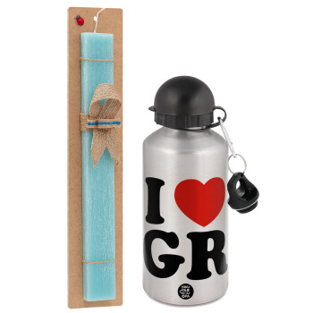 I Love GR, Easter Set, metallic silver aluminum water bottle (500ml) & scented flat Easter candle (30cm) (TURQUOISE)