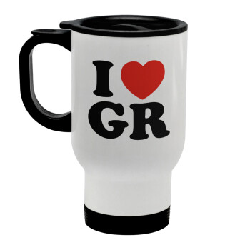 I Love GR, Stainless steel travel mug with lid, double wall white 450ml