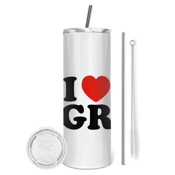 I Love GR, Eco friendly ποτήρι θερμό (tumbler) από ανοξείδωτο ατσάλι 600ml, με μεταλλικό καλαμάκι & βούρτσα καθαρισμού