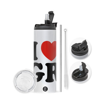 I Love GR, Travel Tumbler θερμό με διπλό καπάκι, μεταλλικό καλαμάκι και βούρτσα καθαρισμού (Ανωξείδωτο 304 Food grade, BPA free, 600ml)