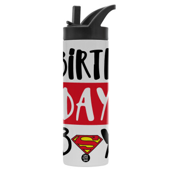 Birth day Boy (superman), Μεταλλικό παγούρι θερμός με καλαμάκι & χειρολαβή, ανοξείδωτο ατσάλι (Stainless steel 304), διπλού τοιχώματος, 600ml