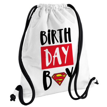 Birth day Boy (superman), Τσάντα πλάτης πουγκί GYMBAG λευκή, με τσέπη (40x48cm) & χονδρά κορδόνια
