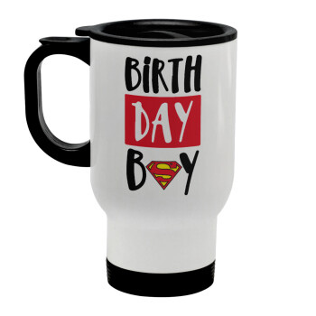 Birth day Boy (superman), Κούπα ταξιδιού ανοξείδωτη με καπάκι, διπλού τοιχώματος (θερμό) λευκή 450ml