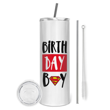 Birth day Boy (superman), Eco friendly stainless steel tumbler 600ml, with metal straw & cleaning brush