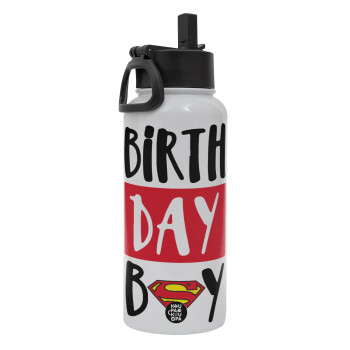 Birth day Boy (superman), Μεταλλικό παγούρι θερμός Λευκό με καλαμάκι και χερούλι (Stainless steel), διπλού τοιχώματος, 950ml