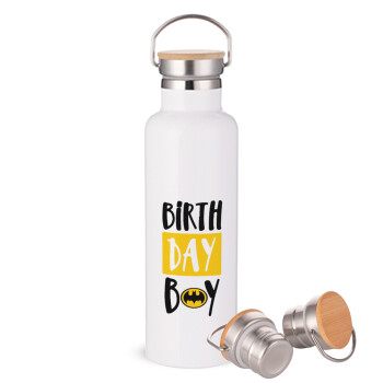 Birth day Boy (batman), Stainless steel White with wooden lid (bamboo), double wall, 750ml
