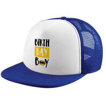 Birth day Boy (batman), Adult Soft Trucker Hat with Blue/White Mesh (POLYESTER, ADULT, UNISEX, ONE SIZE)