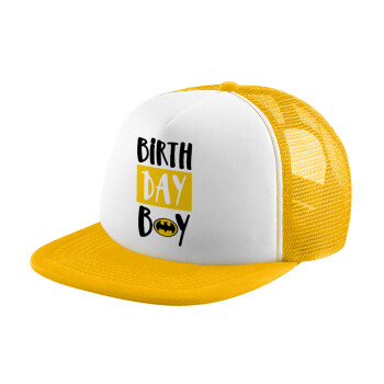 Birth day Boy (batman), Adult Soft Trucker Hat with Yellow/White Mesh (POLYESTER, ADULT, UNISEX, ONE SIZE)