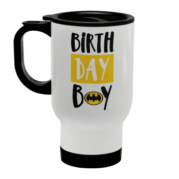 Birth day Boy (batman), Stainless steel travel mug with lid, double wall white 450ml