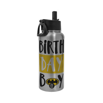 Birth day Boy (batman), Μεταλλικό παγούρι θερμός Silver με καλαμάκι και χερούλι (Stainless steel), διπλού τοιχώματος, 950ml