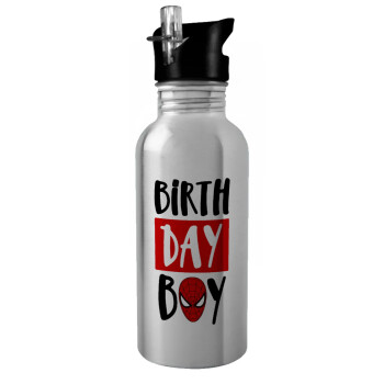 Birth day Boy (spiderman), Water bottle Silver with straw, stainless steel 600ml