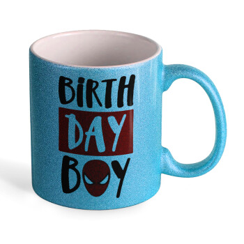 Birth day Boy (spiderman), Κούπα Σιέλ Glitter που γυαλίζει, κεραμική, 330ml