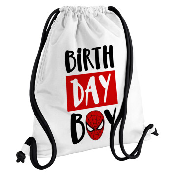 Birth day Boy (spiderman), Backpack pouch GYMBAG white, with pocket (40x48cm) & thick cords