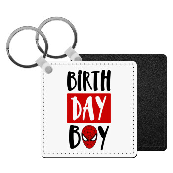 Birth day Boy (spiderman), Μπρελόκ Δερματίνη, τετράγωνο ΜΑΥΡΟ (5x5cm)