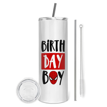 Birth day Boy (spiderman), Eco friendly stainless steel tumbler 600ml, with metal straw & cleaning brush