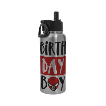 Birth day Boy (spiderman), Μεταλλικό παγούρι θερμός Silver με καλαμάκι και χερούλι (Stainless steel), διπλού τοιχώματος, 950ml