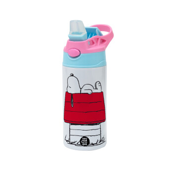 Το σπίτι του snoopy, Children's hot water bottle, stainless steel, with safety straw, Pink/BlueCiel (360ml) BPA FREE