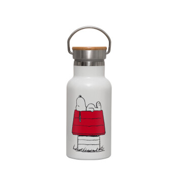 Το σπίτι του snoopy, Metallic thermos (Stainless steel) White with wooden lid (bamboo), double-walled, 350ml