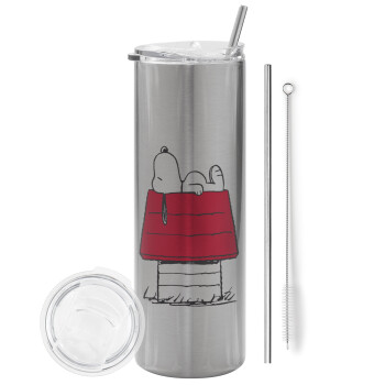 Το σπίτι του snoopy, Eco friendly ποτήρι θερμό Ασημένιο (tumbler) από ανοξείδωτο ατσάλι 600ml, με μεταλλικό καλαμάκι & βούρτσα καθαρισμού