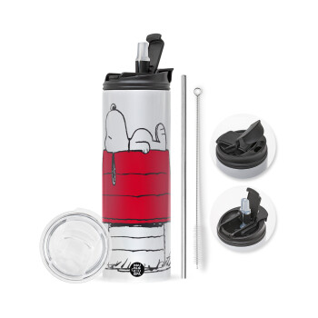 Το σπίτι του snoopy, Travel Tumbler θερμό με διπλό καπάκι, μεταλλικό καλαμάκι και βούρτσα καθαρισμού (Ανωξείδωτο 304 Food grade, BPA free, 600ml)