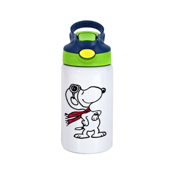 Snoopy ο πιλότος, Children's hot water bottle, stainless steel, with safety straw, green, blue (350ml)