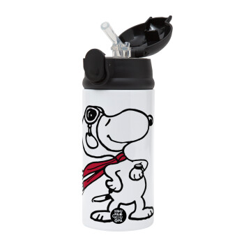 Snoopy ο πιλότος, Children's hot water bottle, stainless steel, with safety straw, Black (360ml) BPA-FREE