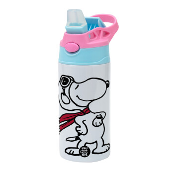 Snoopy ο πιλότος, Children's hot water bottle, stainless steel, with safety straw, Pink/BlueCiel (360ml) BPA FREE