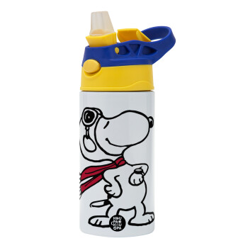 Snoopy ο πιλότος, Children's hot water bottle, stainless steel, with safety straw, green, blue (360ml) BPA FREE