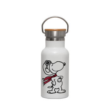 Snoopy ο πιλότος, Metallic thermos (Stainless steel) White with wooden lid (bamboo), double-walled, 350ml